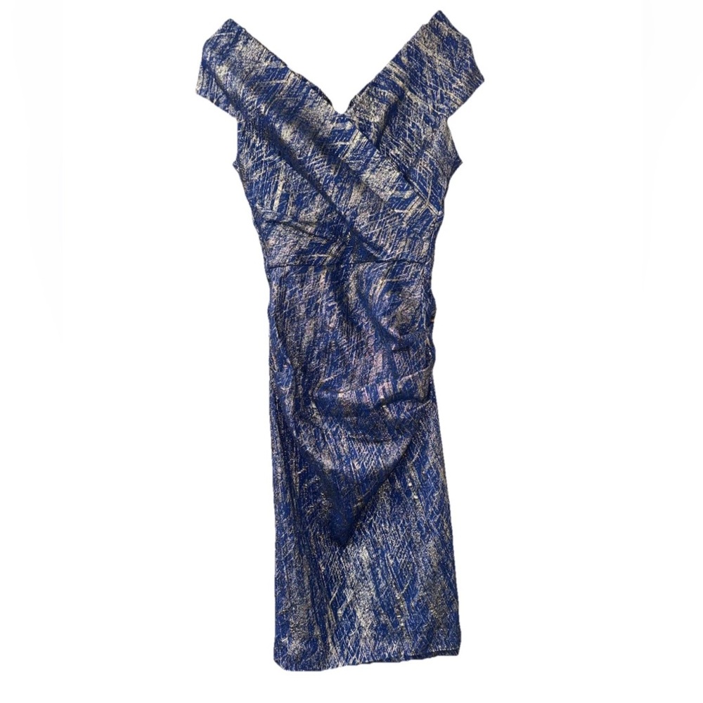 Rickie Freeman Teri Jon Ruched Blue Silver Jacquard Cocktail Dress Size 6 $800